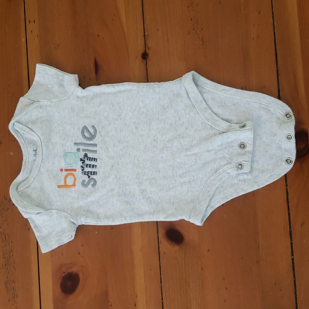3/$10 - ONE "Big Smile" grey baby onesie